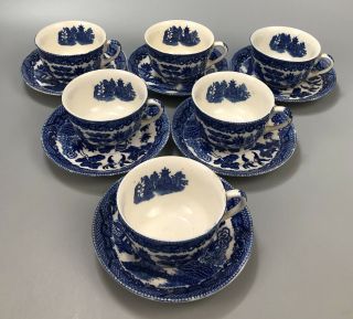 Set Of 6 Vintage Churchill Blue Willow China Tea Cups And Saucers Aa