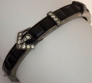 Antique Art Deco Sterling Silver Channel Set Rhinestone Buckle Bangle Bracelet