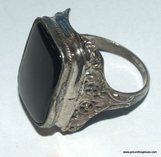 Vintage 1920 ' s Art Deco White Gold Onyx Filigree Ring 7 1/2 2