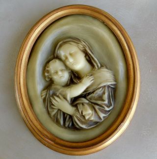Antique French Wax Virgin And Child Religious Plaque Hand Carved Giltwood Frame