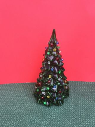 Vintage Small Green Ceramic Mold Christmas Tree With Plastic Lights Bulbs.