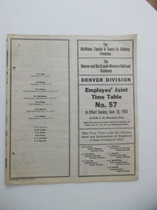 1935 Santa Fe And Denver Rio Grande Western Joint Employee Timetable No 57 Atsf