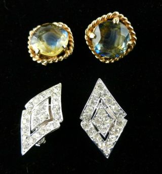 2 Pr Vtg Sarah Coventry Clip Earrings Crystal Rhinestone & Blue Ametrine S29b