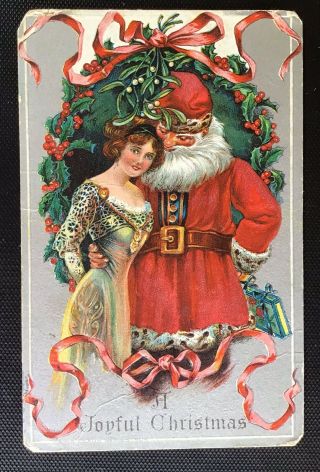 Vintage Christmas Postcard - Santa And Young Lady 1912