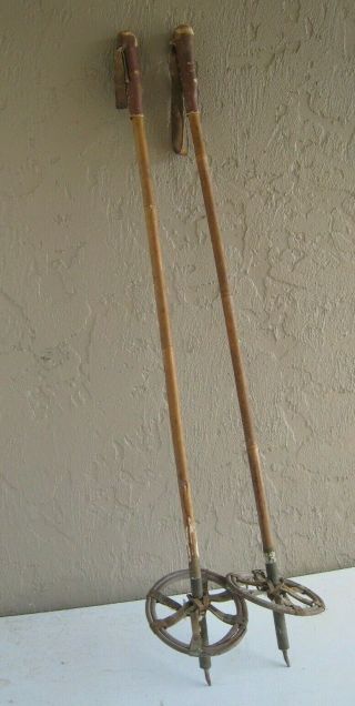 Antique Bamboo Ski Poles 45 " Tall Leather Straps