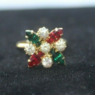 Vintage Christmas Flower Ring Red Green White Rhinestone Fower Ring Size 8