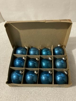Vintage Box 12 Blue Glass Ball Ornaments Christmas Holiday 2 " W Hooks Premier