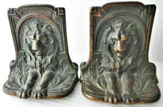 Antique Art Deco Cast Iron With Bronze Patina Finish High Relief Lions Bookend