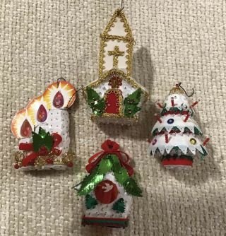 4 Vintage 1970’s Handmade Christmas Ornaments With Sequins,  Pin Heads,  & Beads