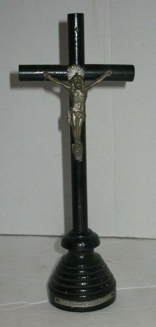 Vintage Silvertone Metal Crucifix On Wooden Standing Cross Christianity Religion