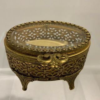 Vintage Ornate Small Filigree Gold Metal Jewelry Trinket Box Beveled Glass Lid