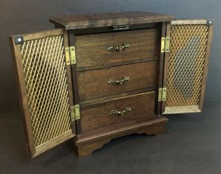 Vintage Wood Jewelry Box Cabinet Mesh Doors Music Box Mid Century Tilso Japan