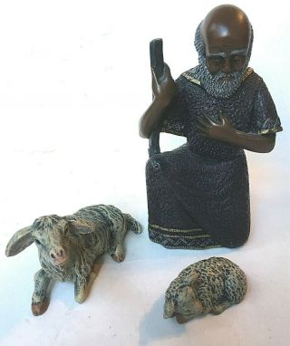 Vintage Mahogany Miracle African American Nativity Shepherd And 2 Sheep Enesco