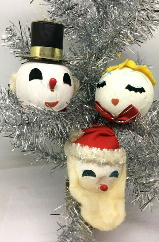 3 Vintage Japan Paper Mache Christmas Ornaments Mr & Mrs.  Snowman Santa Claus