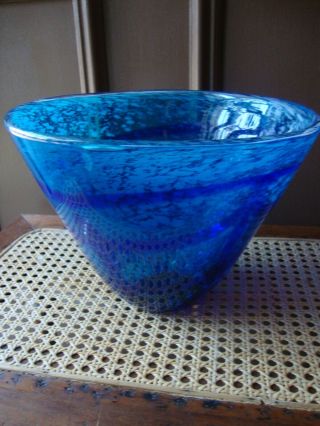 Antique Vtg Large Hand Blown Art Glass Bowl Splattered Cobalt Blue Swirl