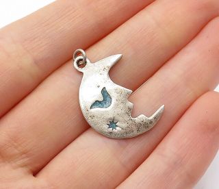925 Sterling Silver - Vintage Turquoise Crescent Moon Face Pendant - P11281