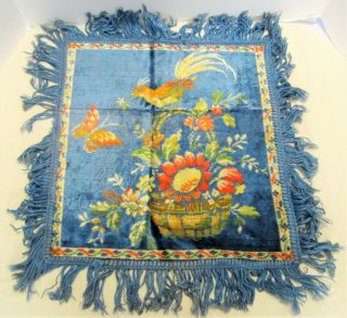 Vintage Blue Floral Velvet Tapestry Pillow Cover Bird Butterfly Fringed