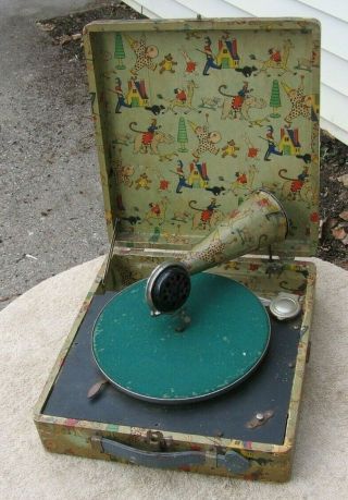 Antique Swiss Thorens Suitcase Hand Crank 78 Rpm Phonograph With Circus Theme