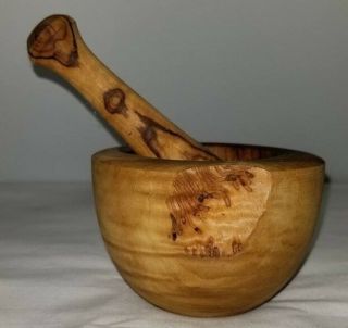 Primitive American Antique Hand Turned Solid Wood Mortar And Pestle Unusual Knot