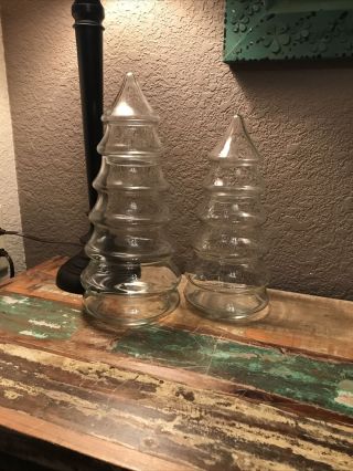 2 Vtg Clear Glass Christmas Tree Apothecary Jar Candy Treat Holders 11,  13 Inch