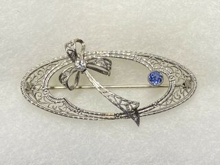 Antique Solid 14k White Gold Filigree Pin With Diamond Bow And Sapphire Accent