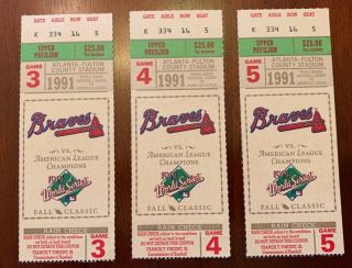 1991 World Series Ticket Stubs Games 3,  4 And 5,  Braves Vs.  Twins