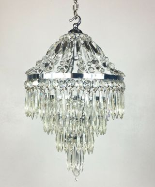 Antique 20s Chrome/cut Crystal Waterfall 4tier Chandelier Ceiling Lamp Light Vtg