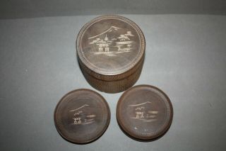 Vintage Set Of 10 Carved Wood Mt Fuji Design Japanese Coaster Set
