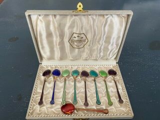 Vintage David Andersen Gold Wash Sterling Silver Enamel Spoons Boxed Set Of 9