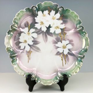 Rs Prussia Germany Hand Painted Porcelain Plate White Flowers Green Gold Vintage