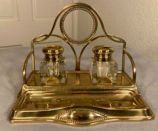 Antique Vintage Brass & Glass Double Inkwell & Dip Pen Stand