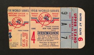 1958 World Series Ticket Stub Ny Yankees Vs Milwaukee Braves Game 4 Spahn Ford