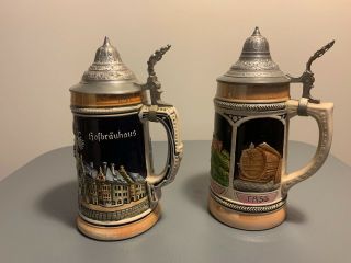 2 Vintage German Beer Stein Mug Lidded Pewter Ceramic Heidelberg & Hartlstor