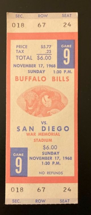 1968 Buffalo Bills Vs.  San Diego Chargers Afl Football Ticket Stub