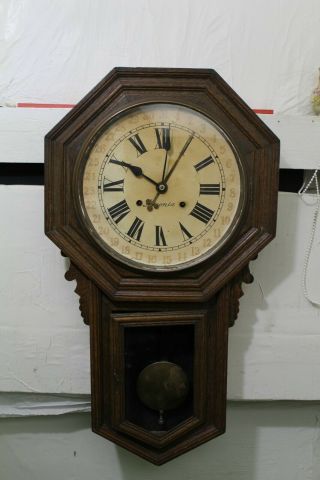 Antique Ansonia American Calendar Octagonal Drop Dial Wall Clock Running
