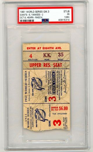 1951 Mlb Baseball World Series Ticket Stub York Ny N.  Y.  Yankees Giants Psa 1