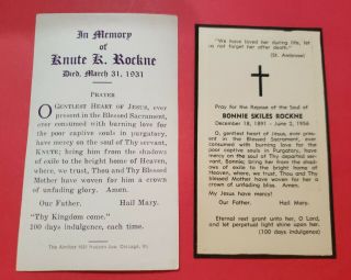Knute Rockne & Bonnie Skiles Rockne Funeral Prayer Cards: Notre Dame Football