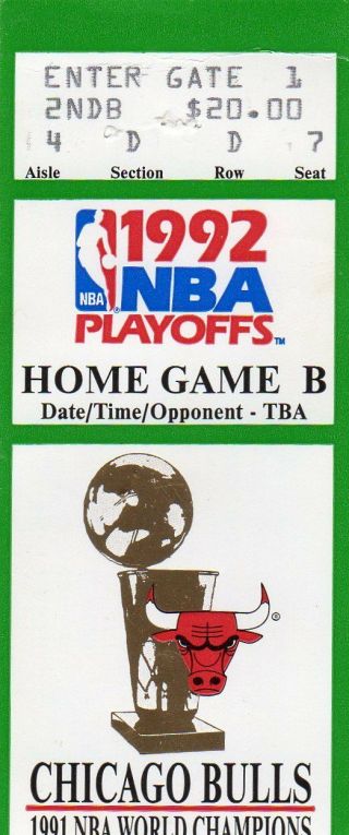 1992 World Champions Chicago Bulls Playoff Ticket Stub Jordan (33) Pippen (30)