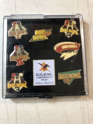 Vintage Anheuser Busch Bud Bowl Commemorative Pin Set 7 Pins