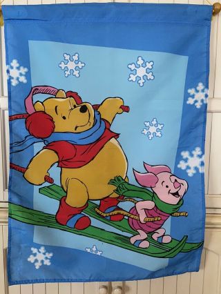 Vintage Disney Winnie Pooh Piglet Skiing Yard Garden Flag 100 Polyester 29 X 41