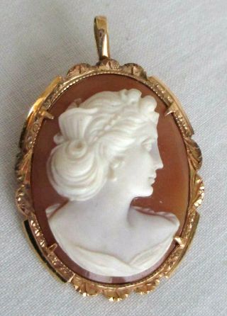 Antique 14k Yellow Gold Victorian Lady Carved Cameo Brooch Pendant Ornate Frame
