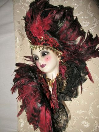 Vtg 2003 Unique Creations Lady Face Mask Wall Hanger Red Black,  Gold Trim Signed