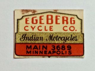 1920 - 1930’s “egeberg Cycle Co.  ” Indian Motorcycle Dealer Decal/sign