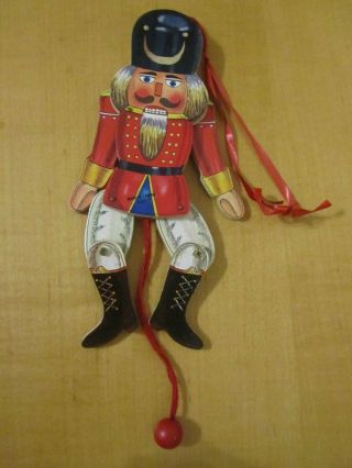 G653 Vtg Animated Toy Soldier Christmas Ornament,  Solid Wood,  Taiwan