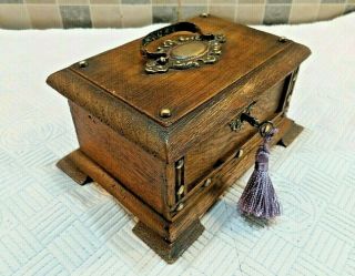 Antique 19thc French Oak Casket Box - Brass Decor,  Handle - Relined Interior - Key