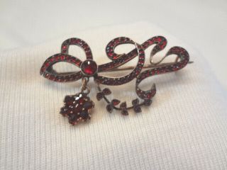 Stunning Antique Victorian Gold Filled Garnet Bow Brooch With Dangle