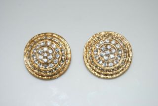 Roman Elegant Vintage Couture Gold Toned Metal & Rhinestones Round Clip Earrings