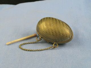 Antique Sewing Brass Thimble In Figural Miniature Egg Chatelaine Box Case Holder