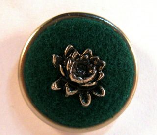 Medium Vintage Button White Metal Base,  Rose,  Green Woven Fabric Sam Biern?