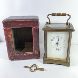 Antique French Brass & Glass Carriage Clock With Case & Key (faulty)